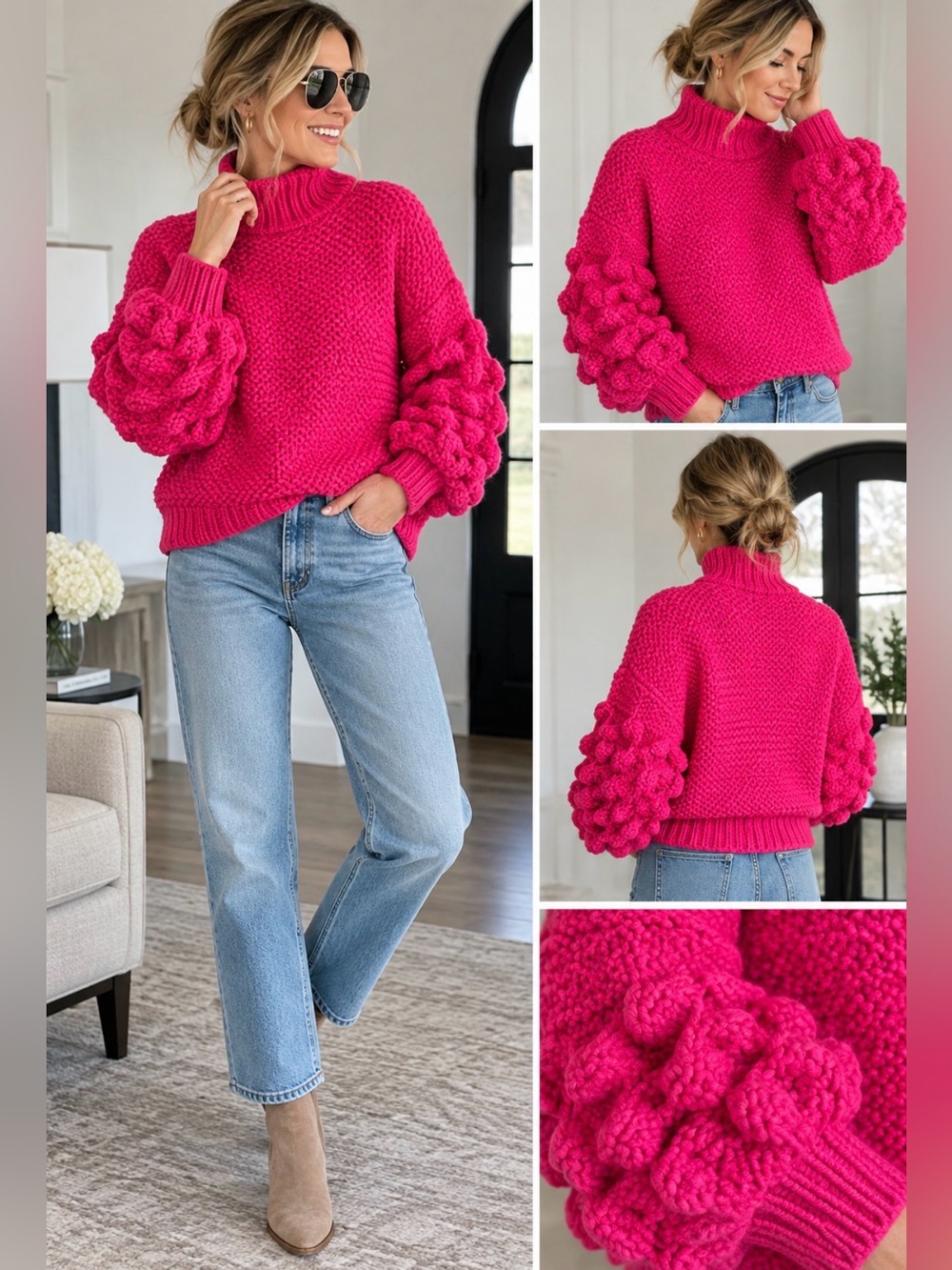 Chunky Bubble-Sleeve Turtleneck Sweater - Hot Pink